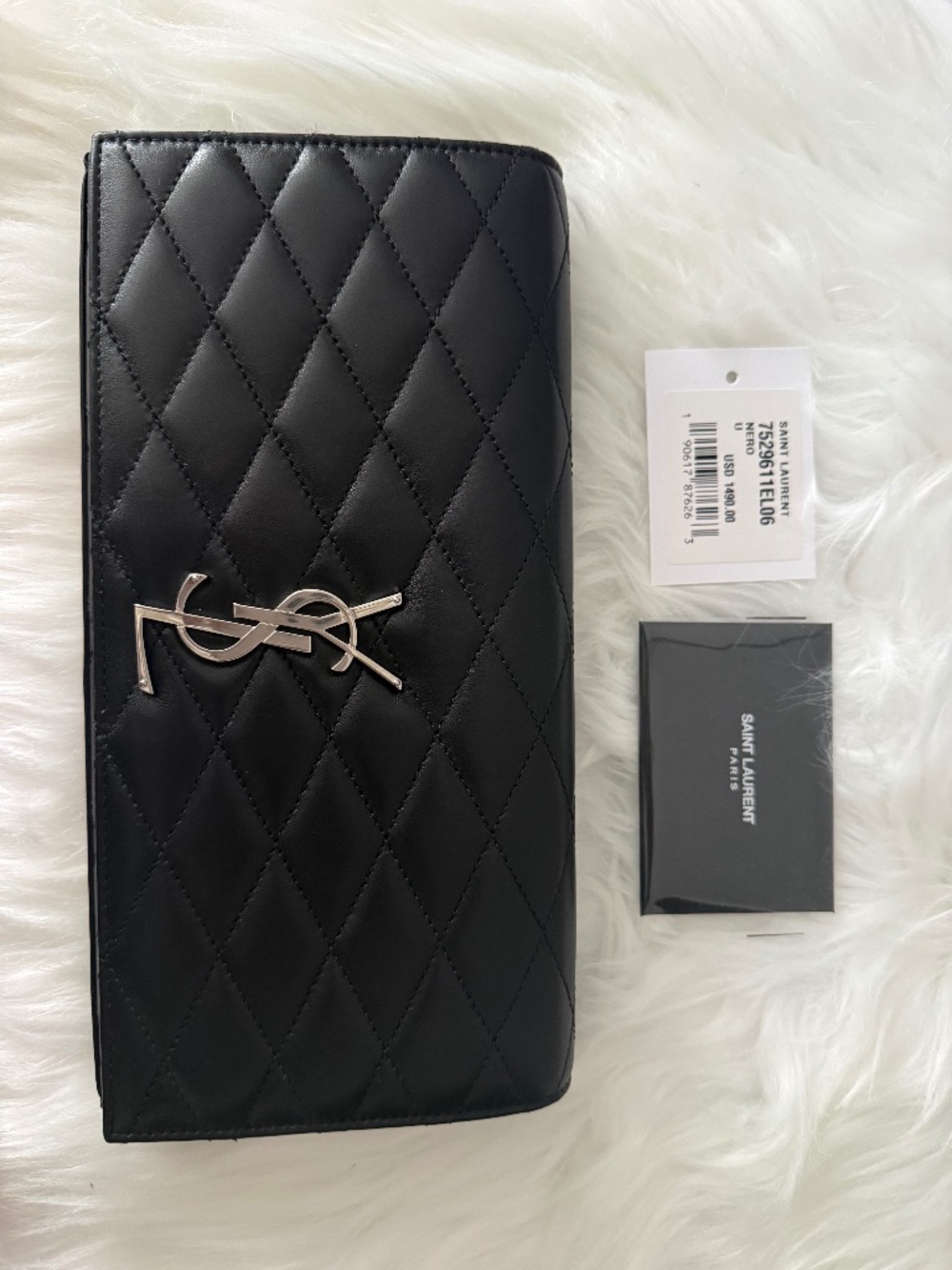 Saint Laurent Black Quilted Leather Envelope Clutch with Silver YSL